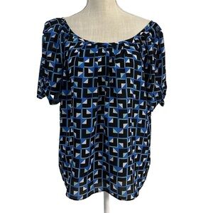 Kaari Blue Blue Geometric Short Sleeve Pullover Blouse Top